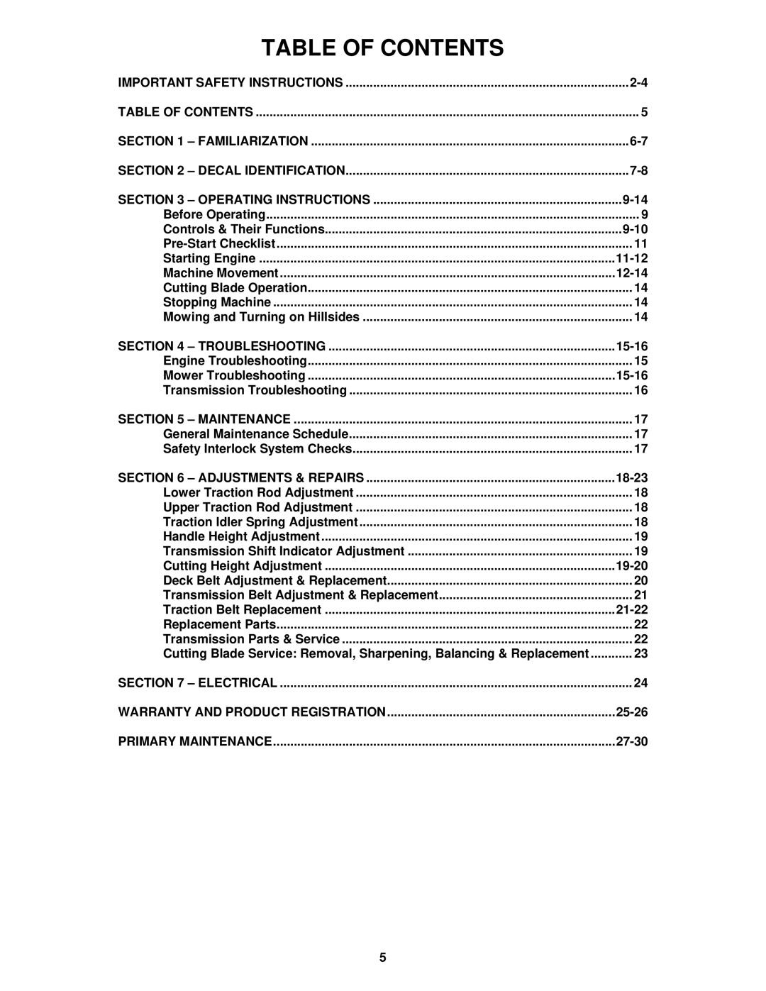 Snapper SGV13321KW important safety instructions Table of Contents 