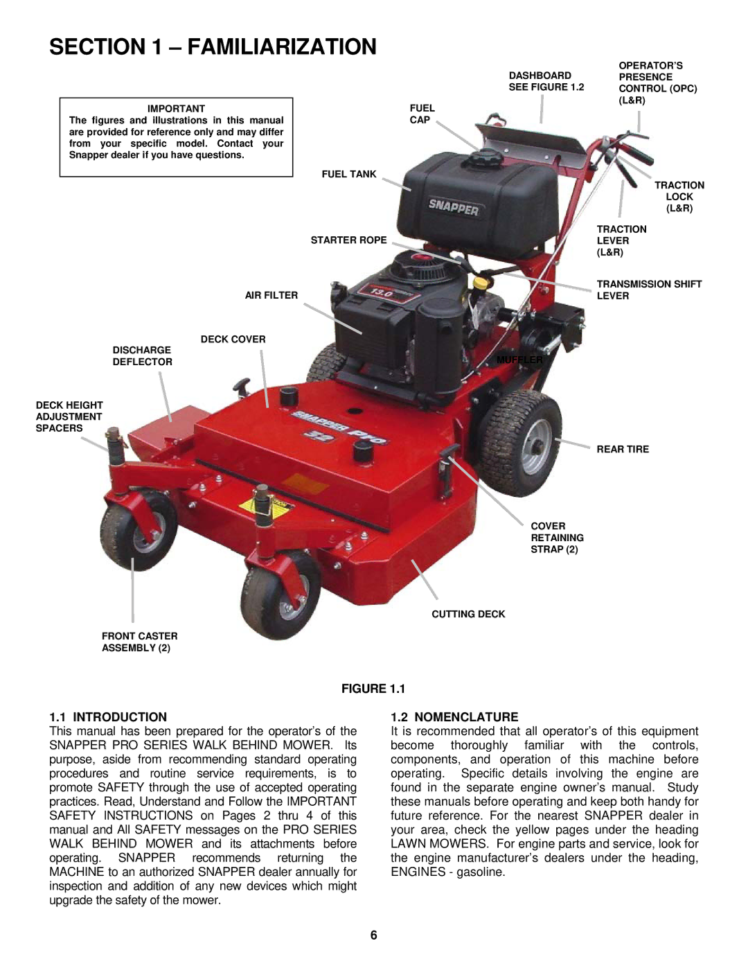 Snapper SGV13321KW important safety instructions Familiarization, Introduction, Nomenclature 