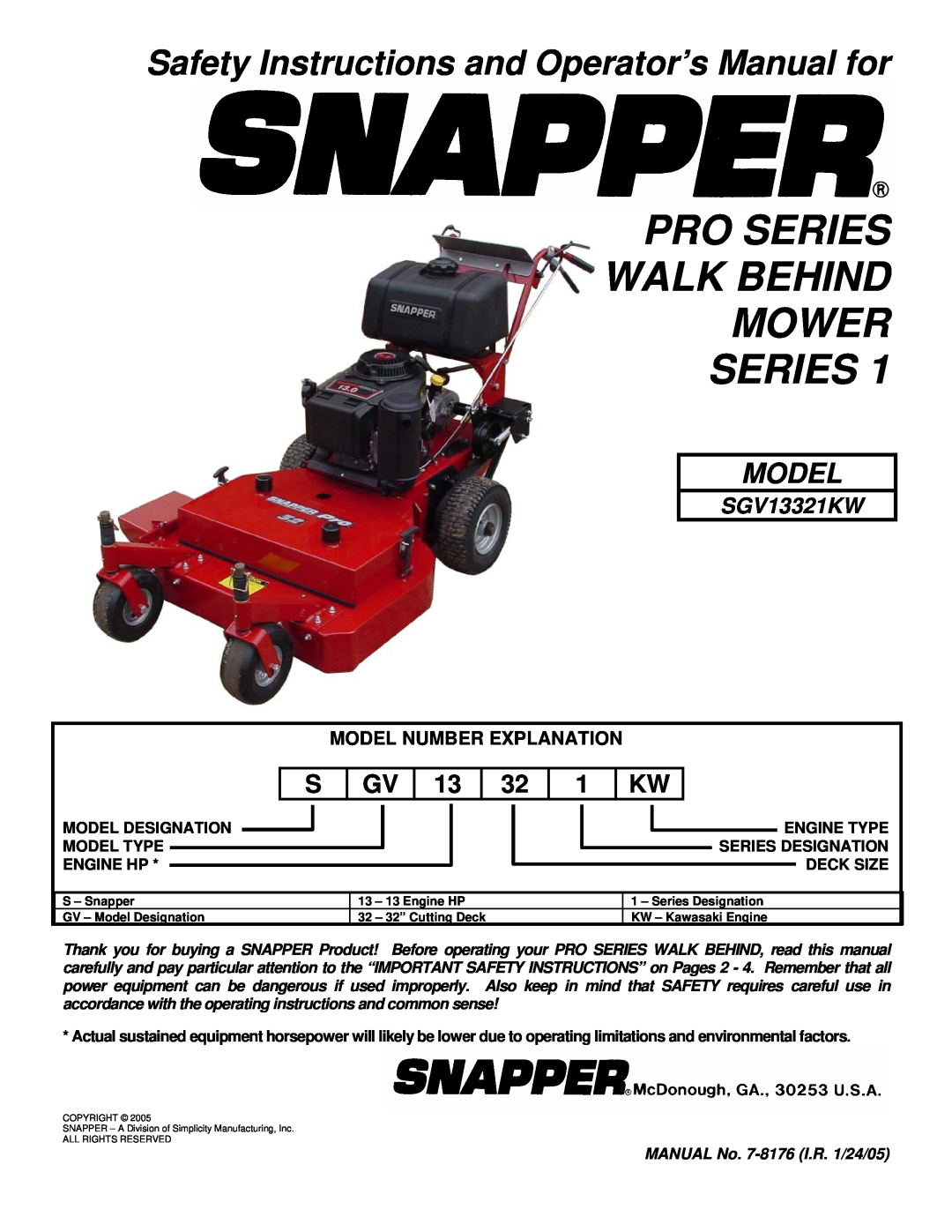Snapper SGV13321KW important safety instructions Pro Series Walk Behind Mower Series, Model Number Explanation 