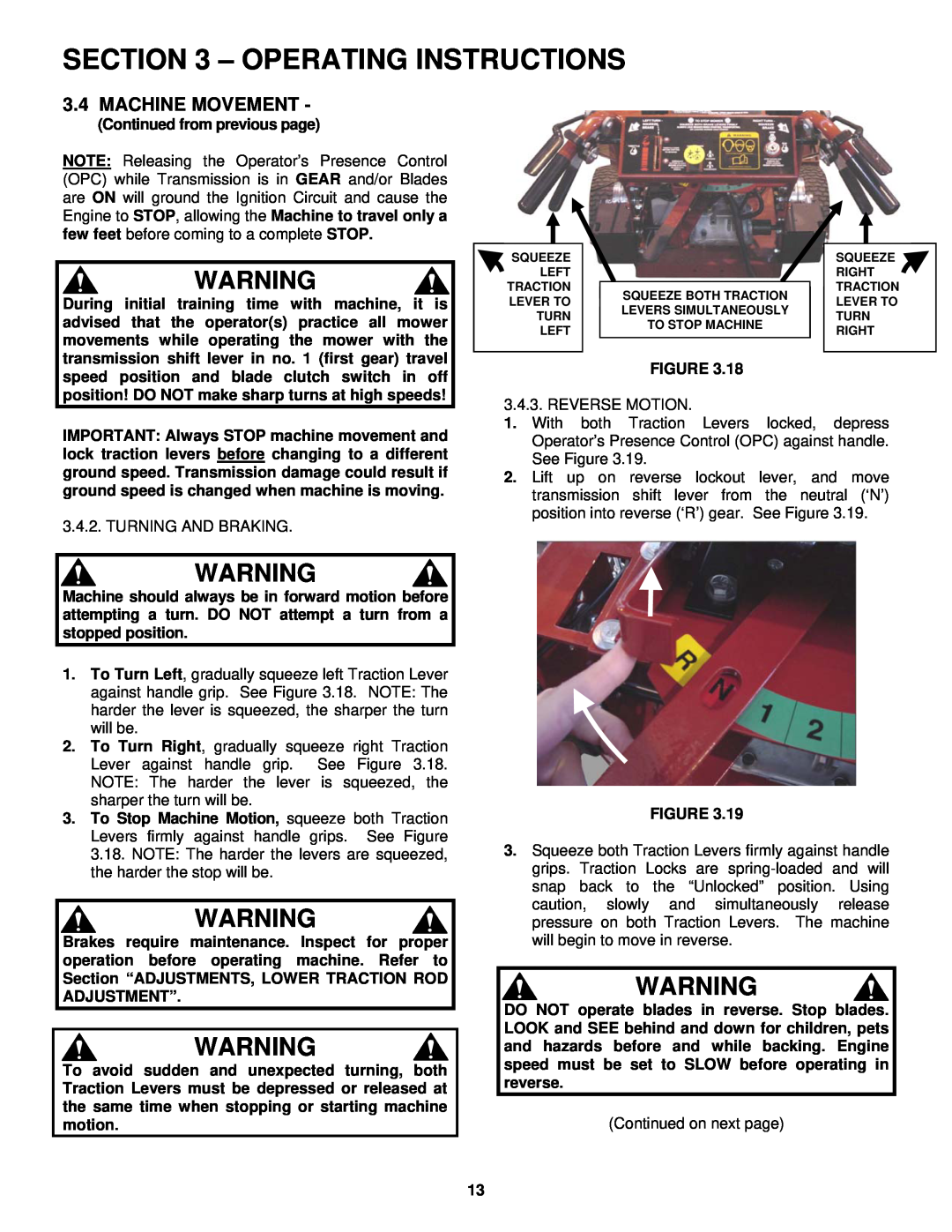 Snapper SGV13321KW important safety instructions Operating Instructions, Machine Movement, Continued from previous page 