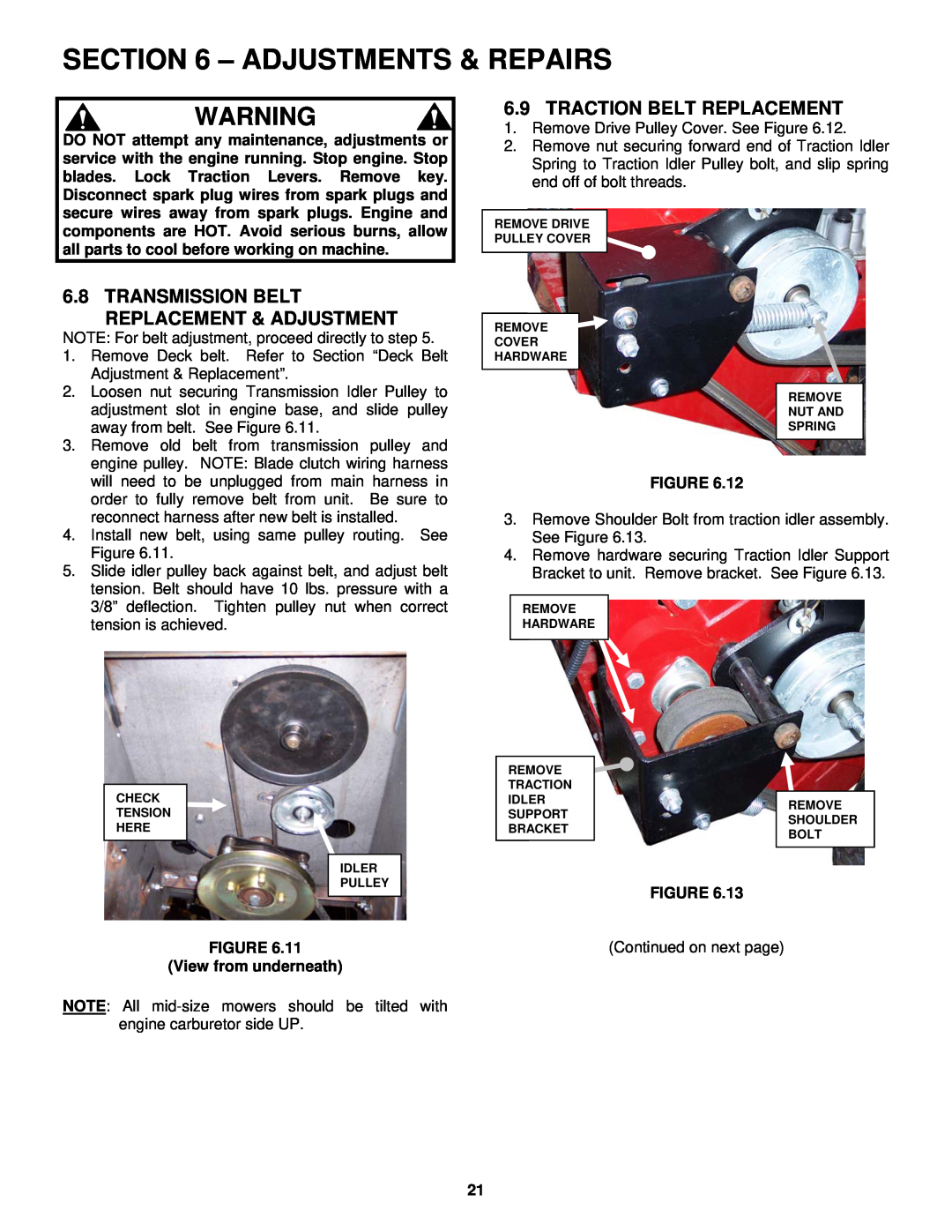 Snapper SGV13321KW Adjustments & Repairs, Transmission Belt Replacement & Adjustment, Traction Belt Replacement 
