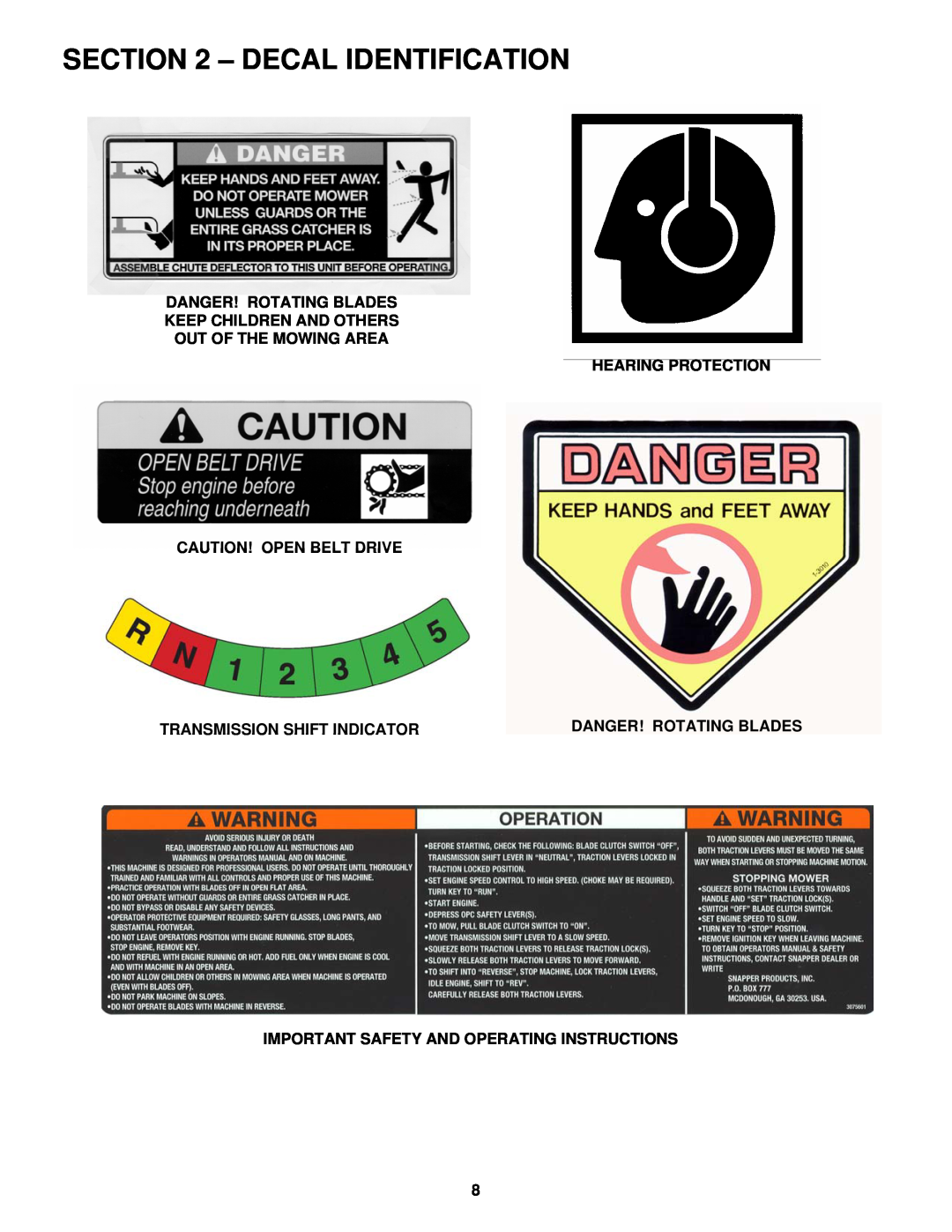 Snapper SGV13321KW Decal Identification, Danger! Rotating Blades Keep Children And Others, Transmission Shift Indicator 