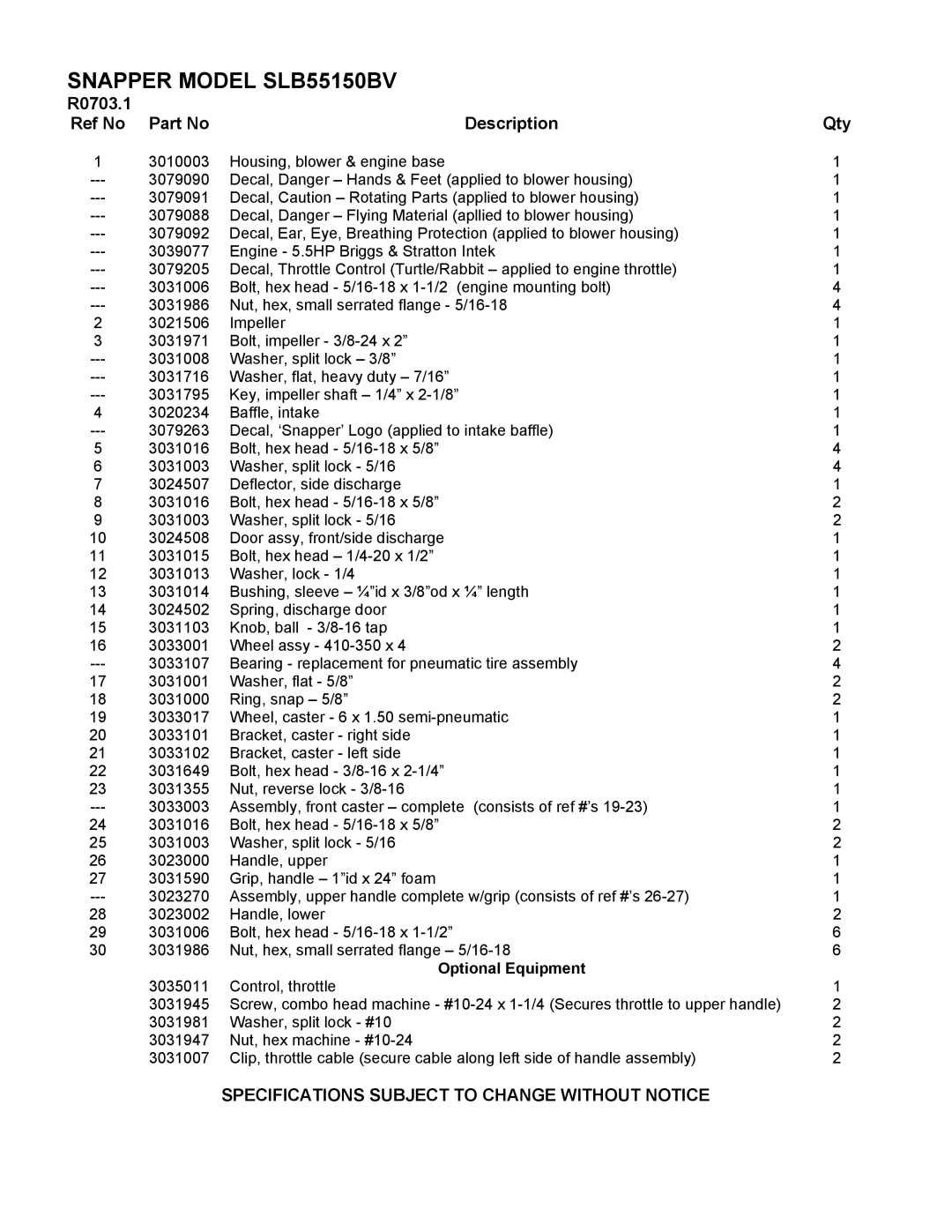 Snapper manual Snapper Model SLB55150BV, Description Qty 