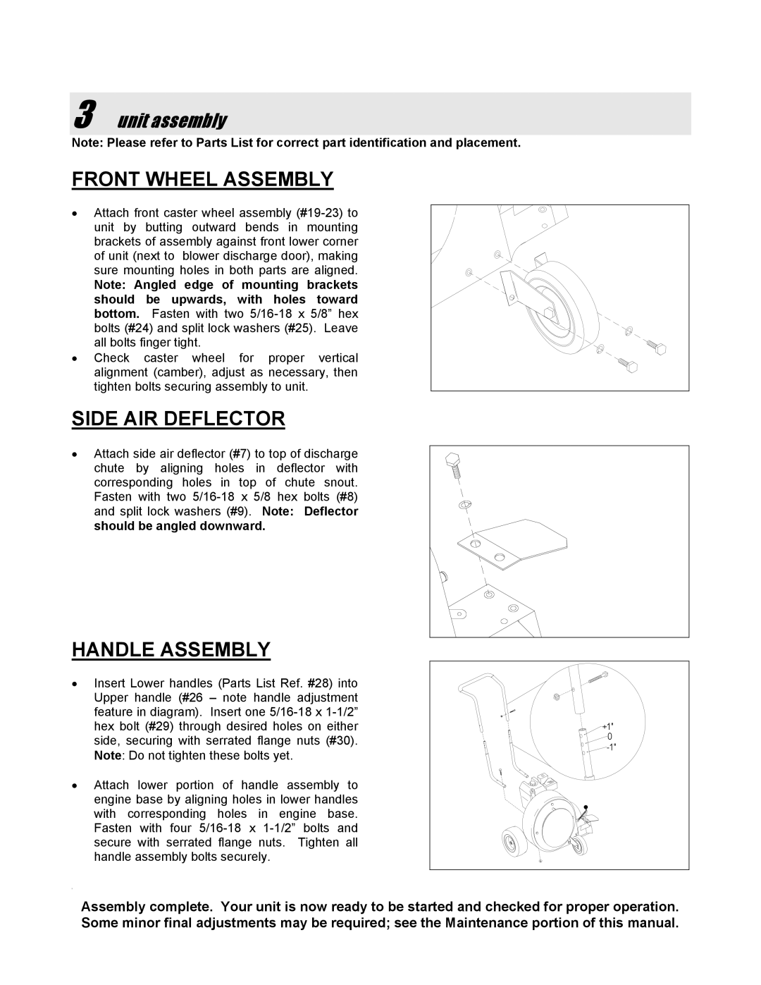 Snapper SLB55150BV manual Front Wheel Assembly, Side AIR Deflector, Handle Assembly, Unit assembly 