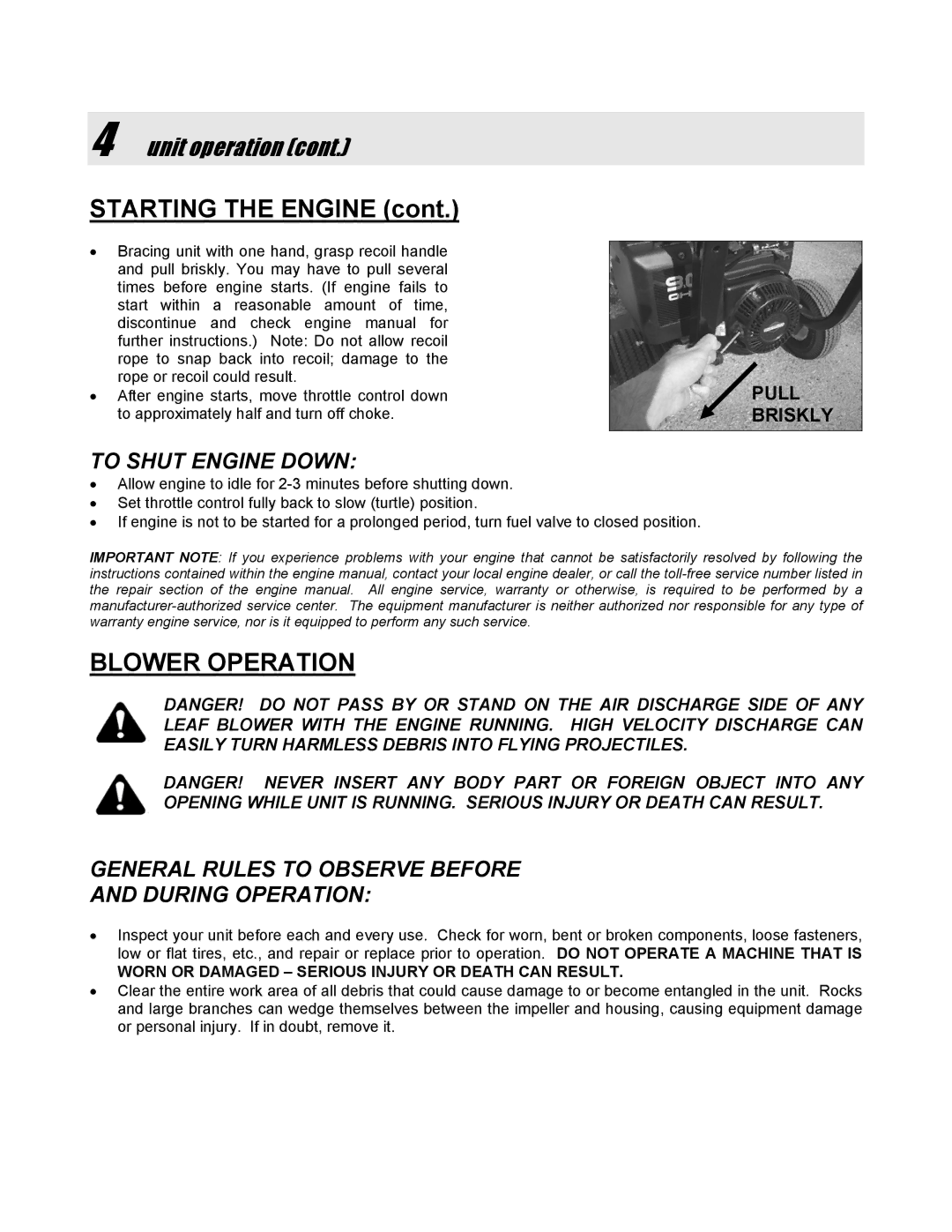 Snapper SLB55150BV manual Blower Operation, To Shut Engine Down, General Rules to Observe Before During Operation 