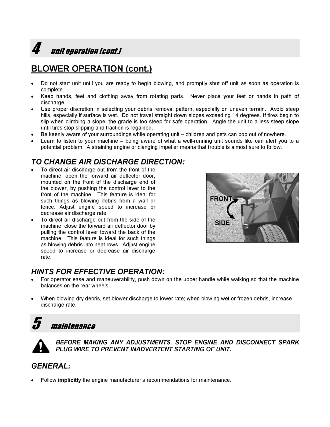 Snapper SLB55150BV manual Maintenance, To Change AIR Discharge Direction, Hints for Effective Operation, General 