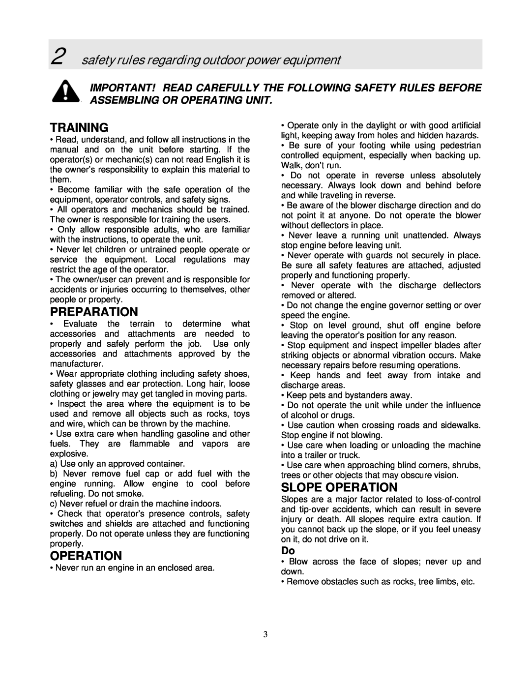 Snapper SLBC55151BV manual safety rules regarding outdoor power equipment, Training, Preparation, Slope Operation 