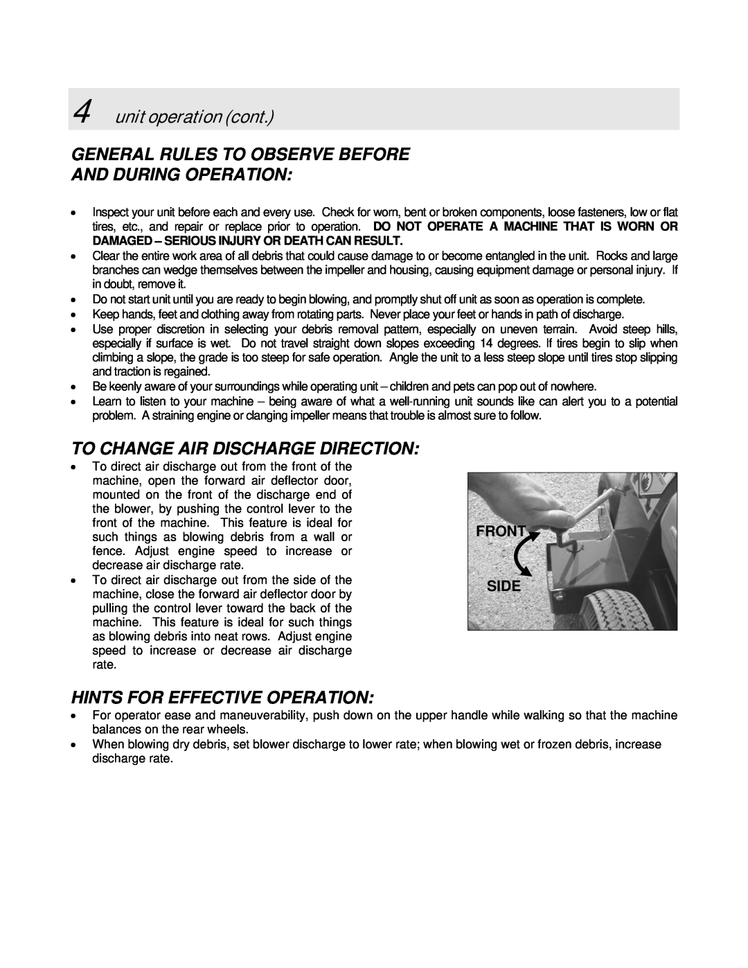 Snapper SLBC55151BV General Rules To Observe Before, And During Operation, To Change Air Discharge Direction, Front Side 
