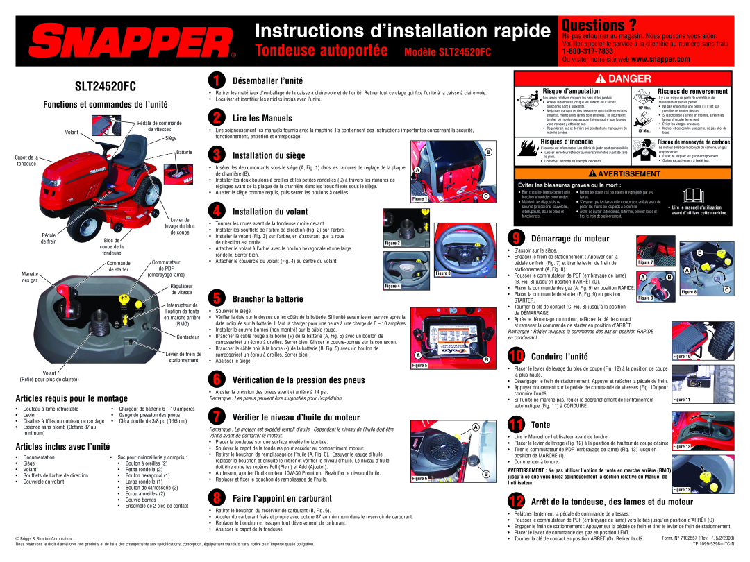 Snapper setup guide Questions ?, Instructions d’installation rapide, Tondeuse autoportée Modèle SLT24520FC, Danger 