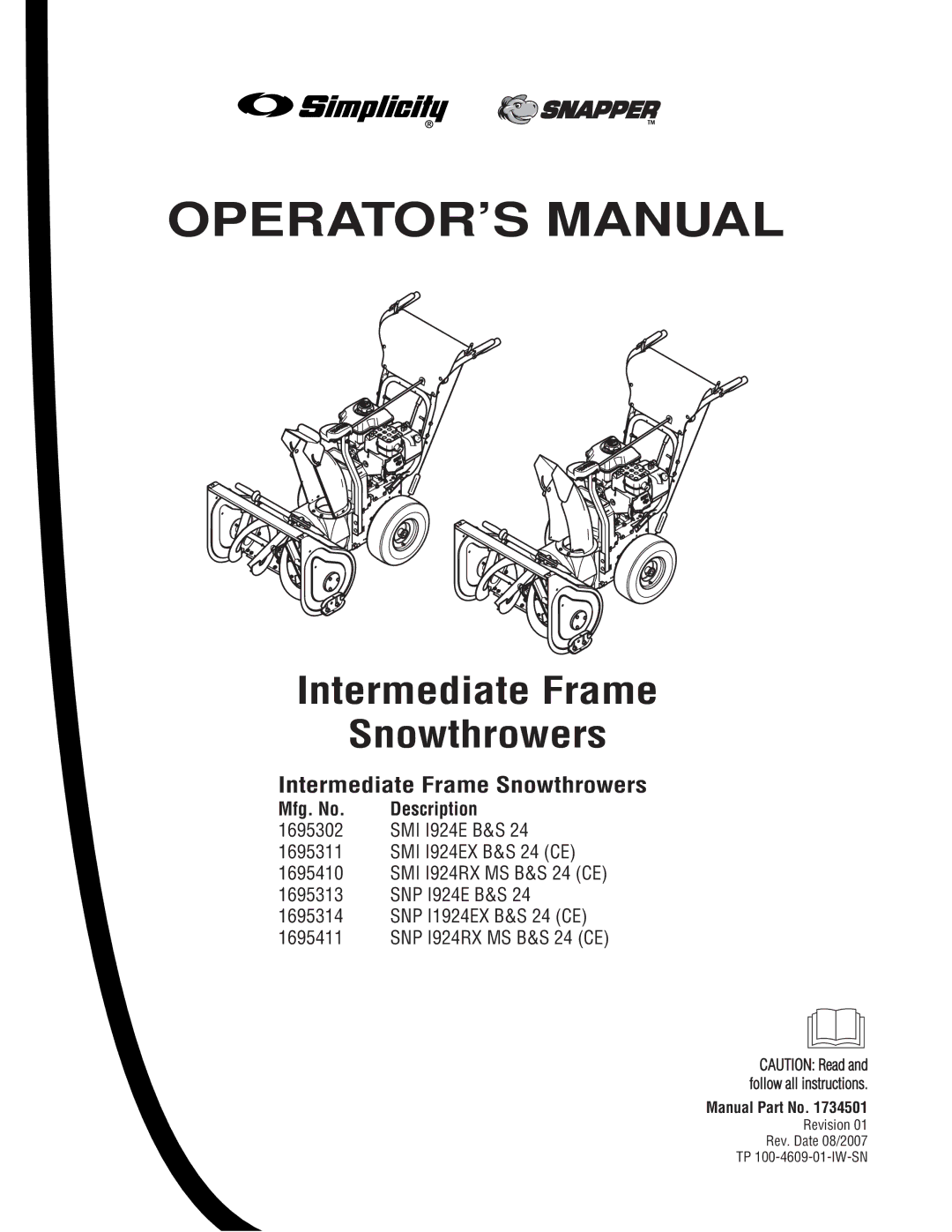 Snapper SNP I924E B&S 24 (CE), SMI I924EX B&S 24 (CE), SNP I924EX B&S 24 (CE) manual Mfg. No Description, Manual Part No 