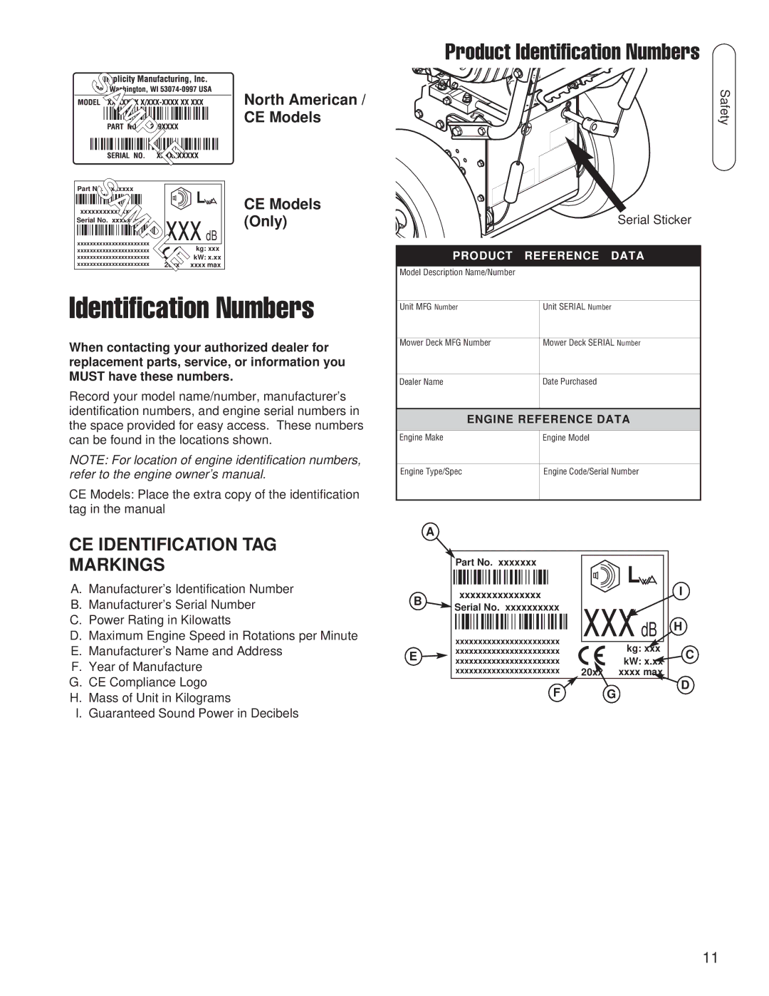 Snapper SNP I924RX MS B&S 24 (CE), SMI I924E B&S 24 Product Identification Numbers, CE Identification TAG Markings 