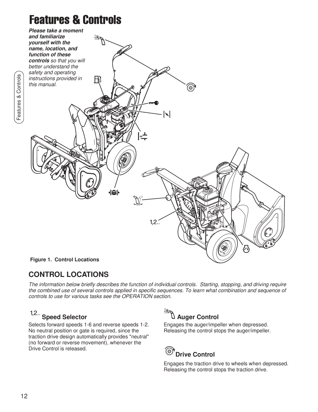 Snapper SMI I924EX B&S 24 (CE) manual Features & Controls, Control Locations, Speed Selector, Auger Control, Drive Control 