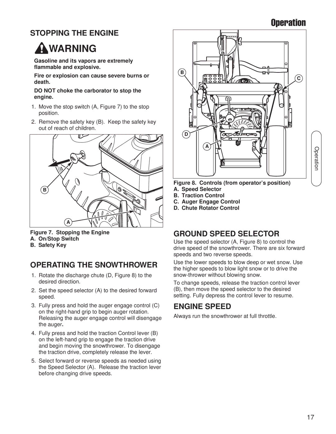 Snapper SNP I924RX MS B&S 24 (CE) Stopping the Engine, Operating the Snowthrower, Ground Speed Selector, Engine Speed 