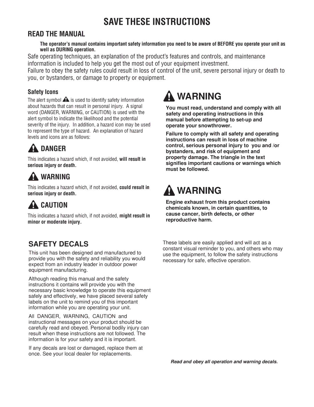 Snapper SNP I924EX B&S 24 (CE), SMI I924EX B&S 24 (CE), SNP I924E B&S 24 (CE) Read the Manual, Safety Decals, Safety Icons 