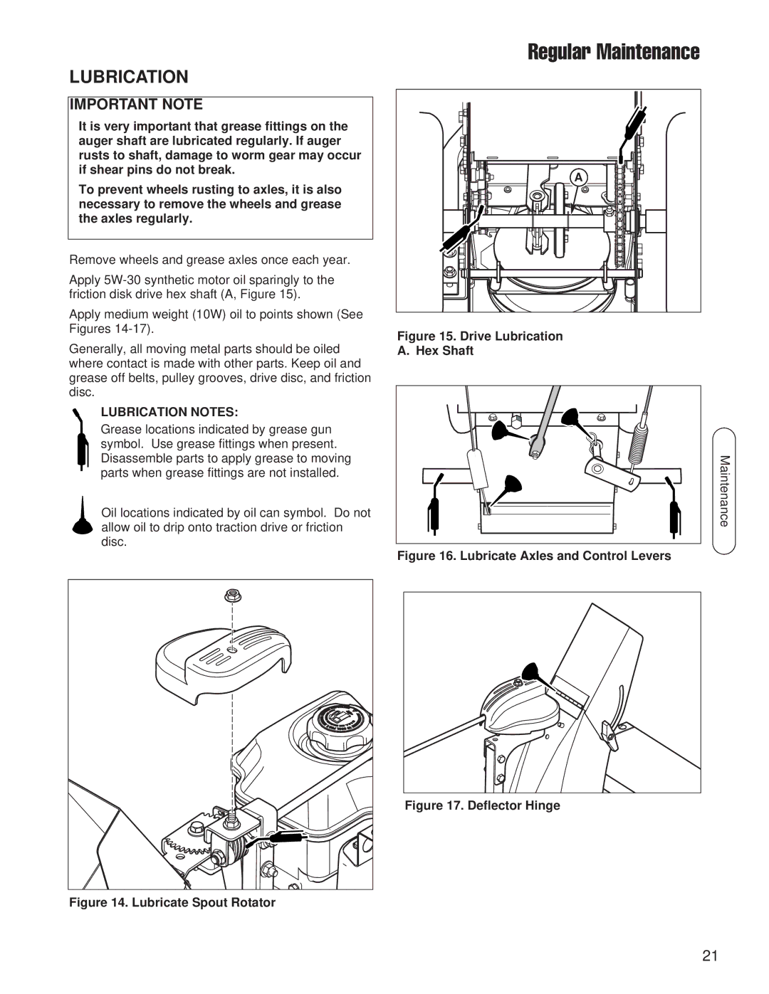 Snapper SMI I924E B&S 24, SMI I924EX B&S 24 (CE), SNP I924E B&S 24 (CE) manual Regular Maintenance, Lubrication 