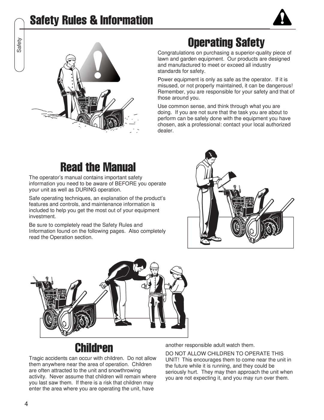 Snapper SMI I924RX MS B&S 24 (CE), SMI I924E B&S 24 Safety Rules & Information Operating Safety, Read the Manual, Children 