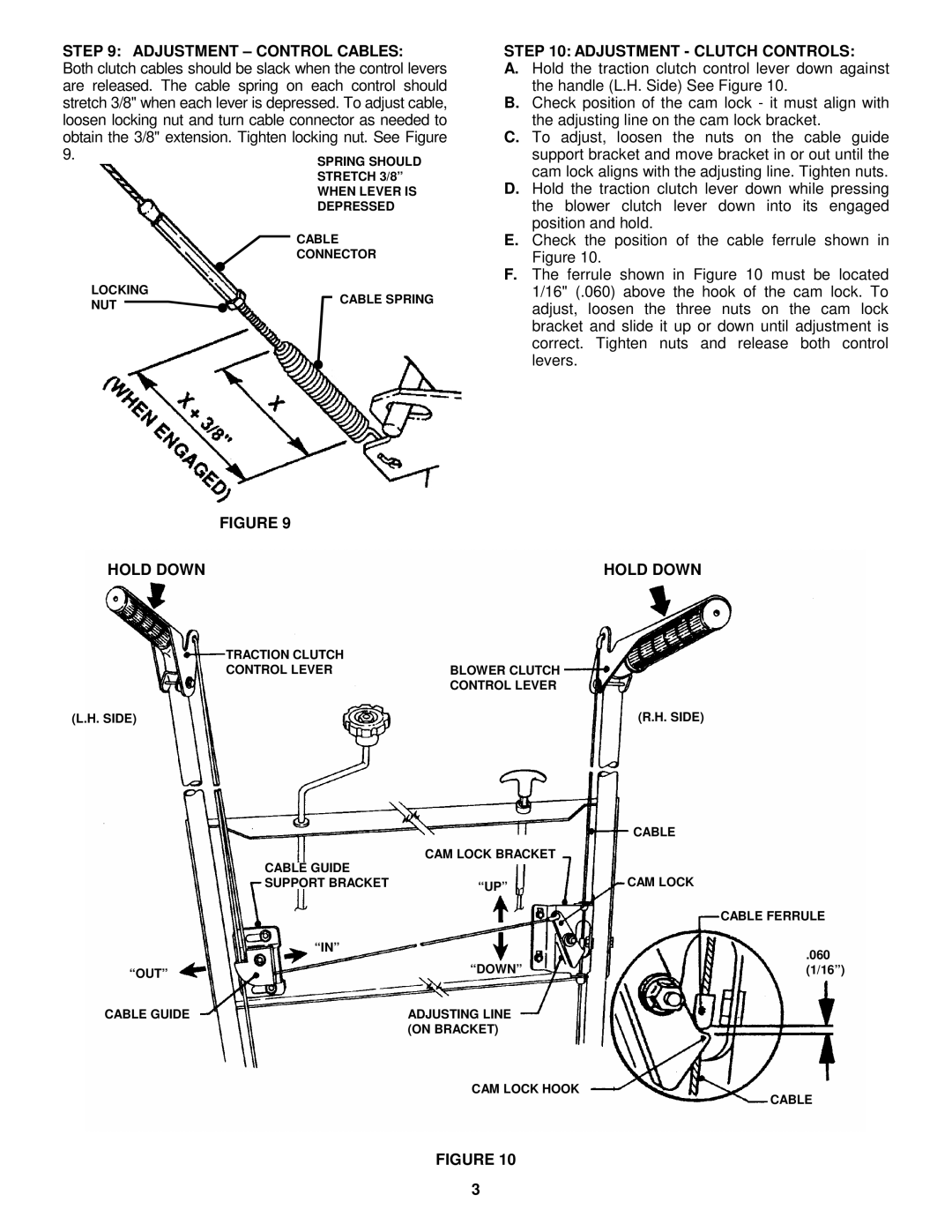 Snapper Snow Thowers manual Adjustment Control Cables, Adjustment Clutch Controls, Hold Down 