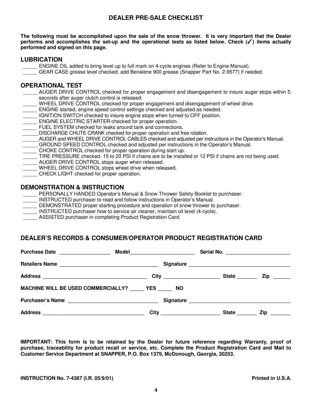 Snapper Snow Thowers manual Dealer PRE-SALE Checklist, Machine will be Used COMMERCIALLY? YES no 