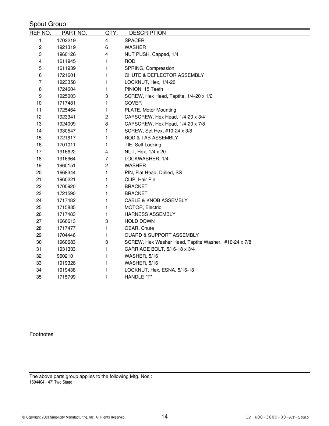 Snapper Snower Thrower Rod, Chute & Deflector Assembly, ROD & TAB Assembly, Bracket, Cable & Knob Assembly, Hold Down 