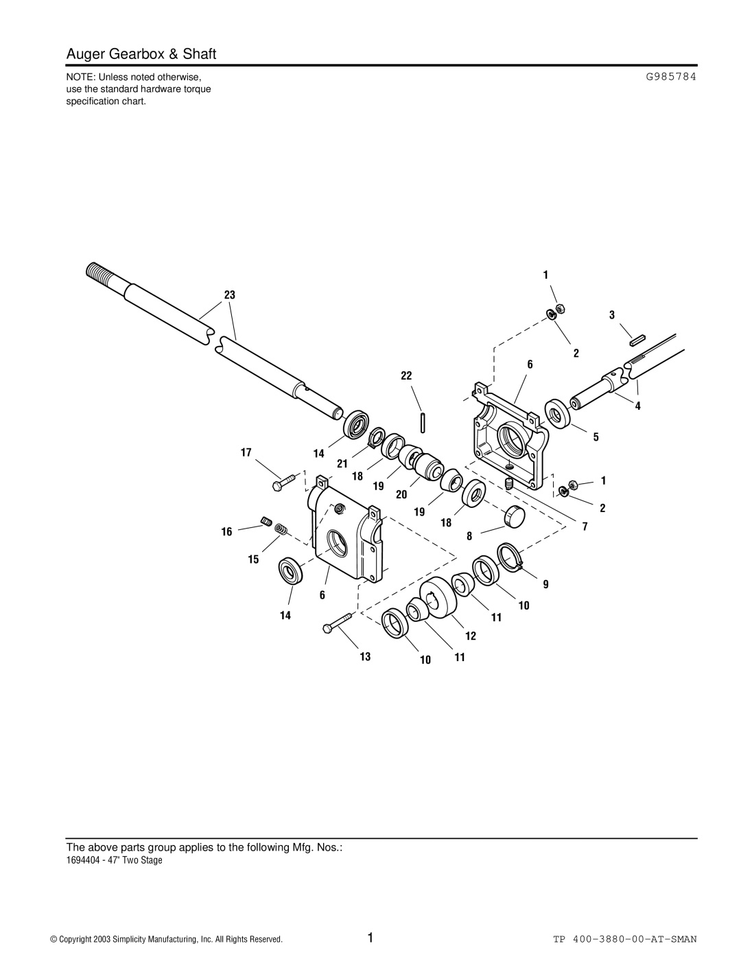 Snapper Snower Thrower manual Auger Gearbox & Shaft, G985784 