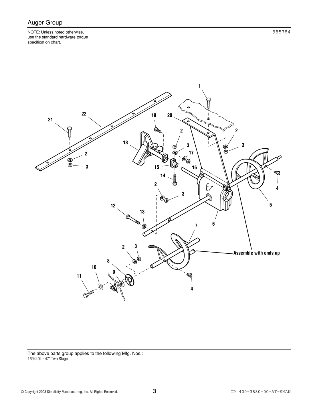 Snapper Snower Thrower manual Auger Group, 985784 