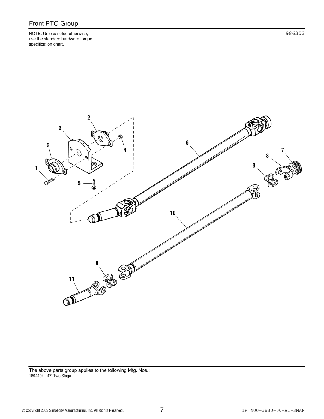 Snapper Snower Thrower manual Front PTO Group, 986353 