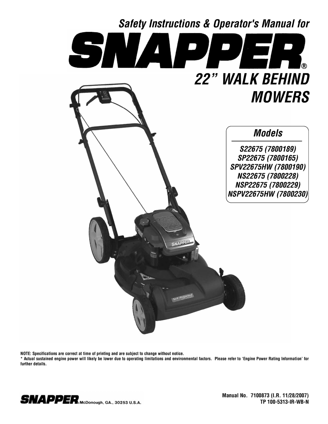 Snapper S22675, SP22675, SPV22675HW, NS22675, NSP22675, NSPV22675HW specifications Walk Behind Mowers 