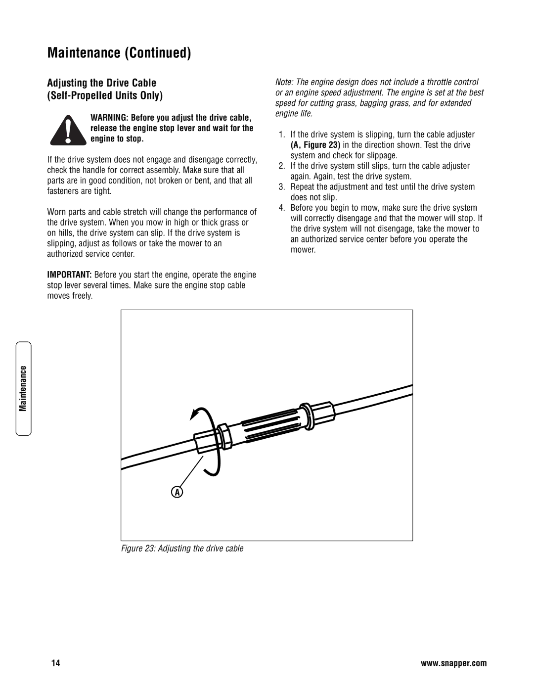 Snapper SP2265, S2265, SPV22675HW, NS2265, NSPV22675HW specifications Adjusting the Drive Cable Self-Propelled Units Only 