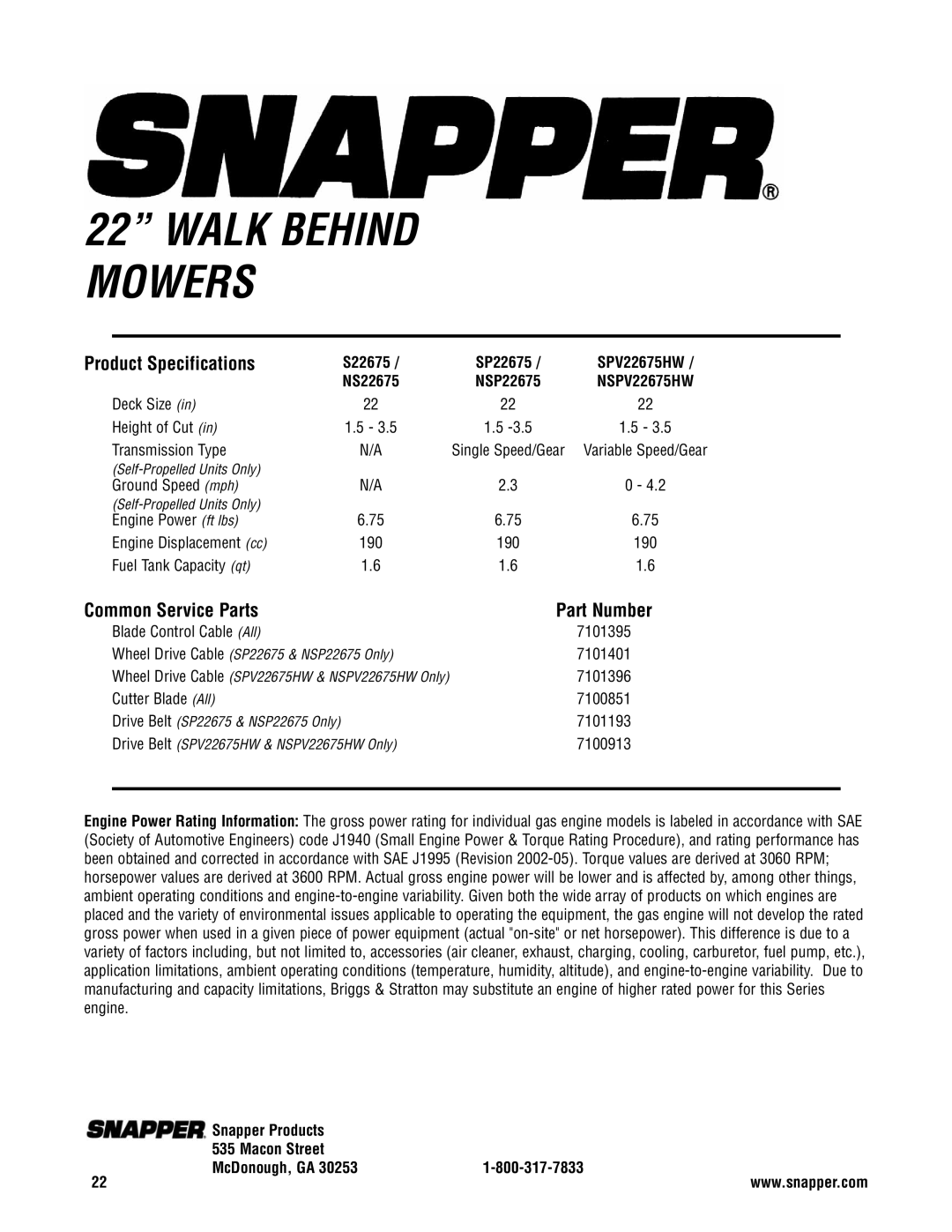 Snapper SP2265, S2265, SPV22675HW, NS2265, NSPV22675HW specifications Product Specifications, Common Service Parts 