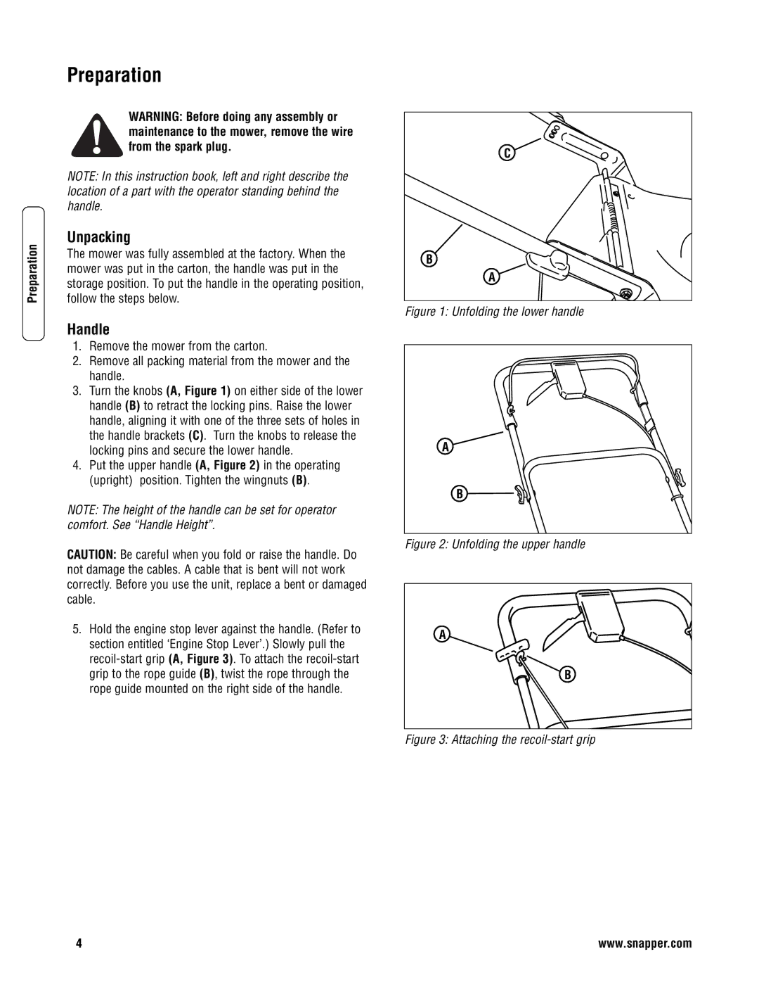 Snapper SP2265, S2265, SPV22675HW, NS2265, NSPV22675HW specifications Preparation, Unpacking, Handle 