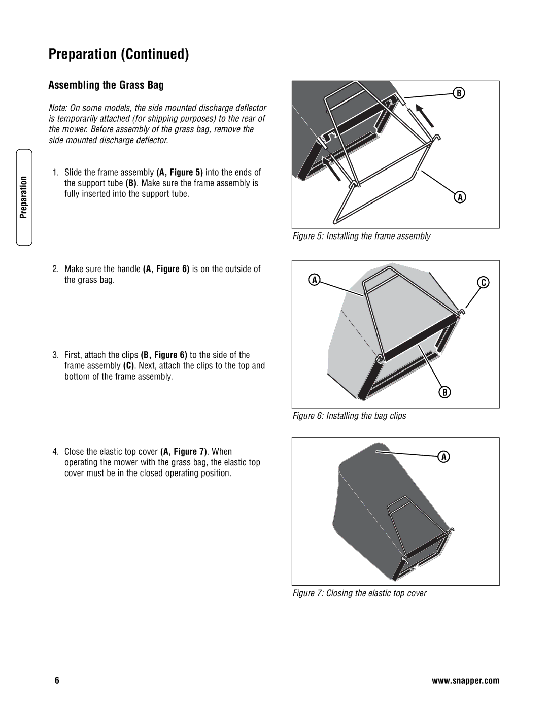 Snapper SP2265, S2265, SPV22675HW, NS2265, NSPV22675HW Assembling the Grass Bag, Installing the frame assembly 