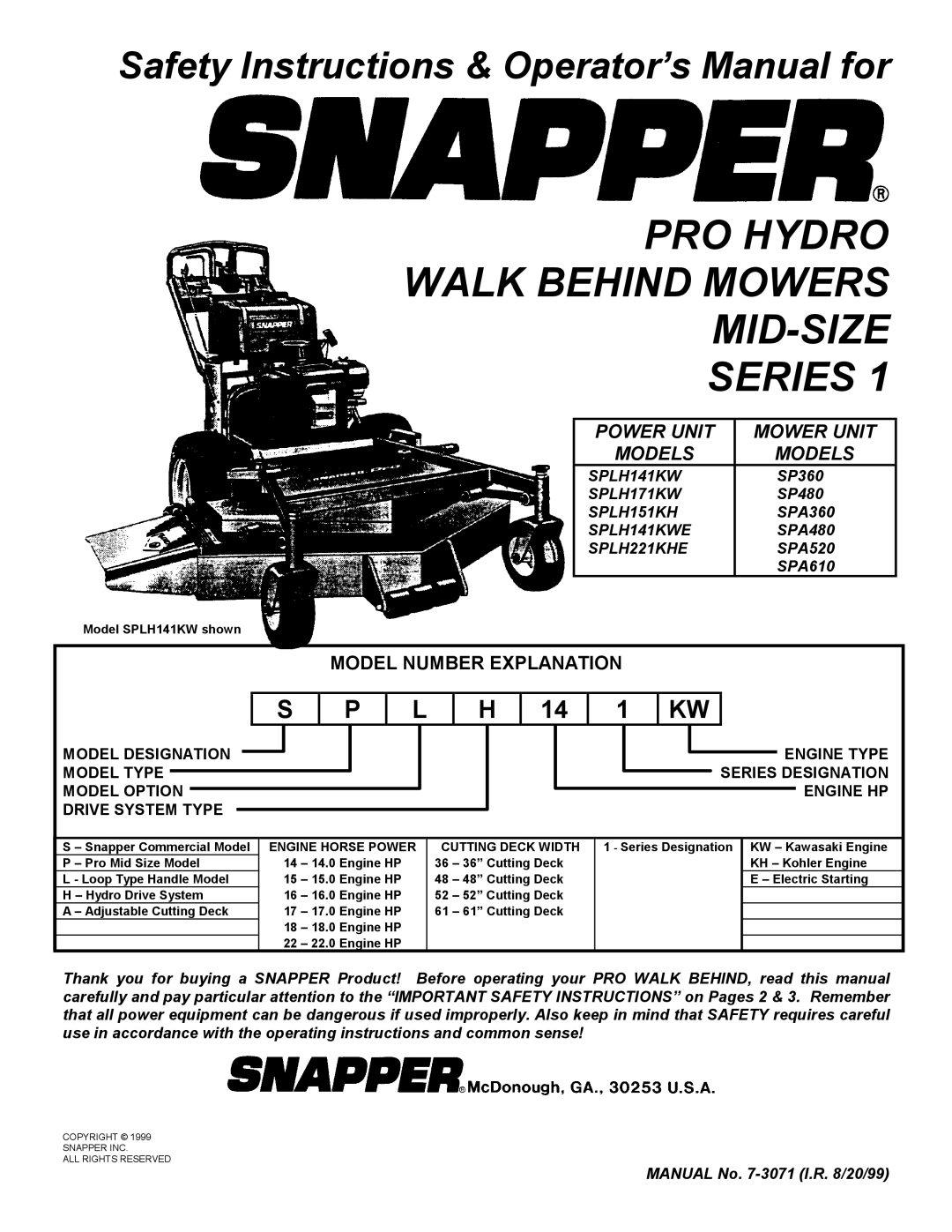 Snapper SP300, SP400 important safety instructions PRO Hydro Walk Behind Mowers MID-SIZE Series, Model Number Explanation 