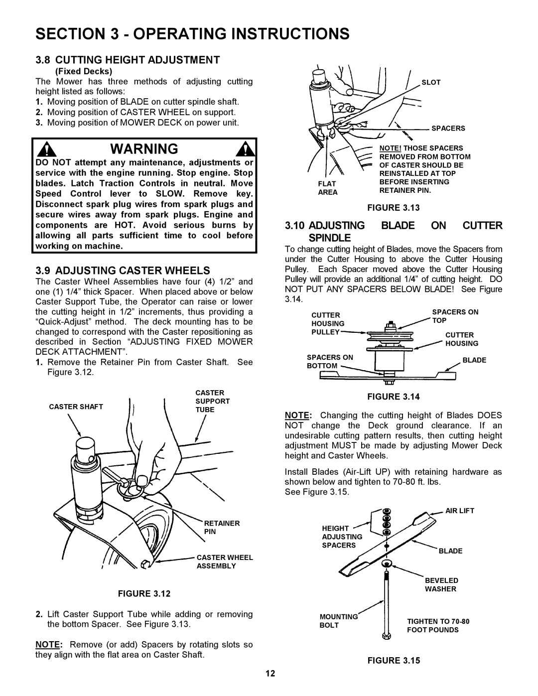 Snapper SPLH141KWE Cutting Height Adjustment, Adjusting Caster Wheels, Adjusting Blade on Cutter Spindle, Fixed Decks 