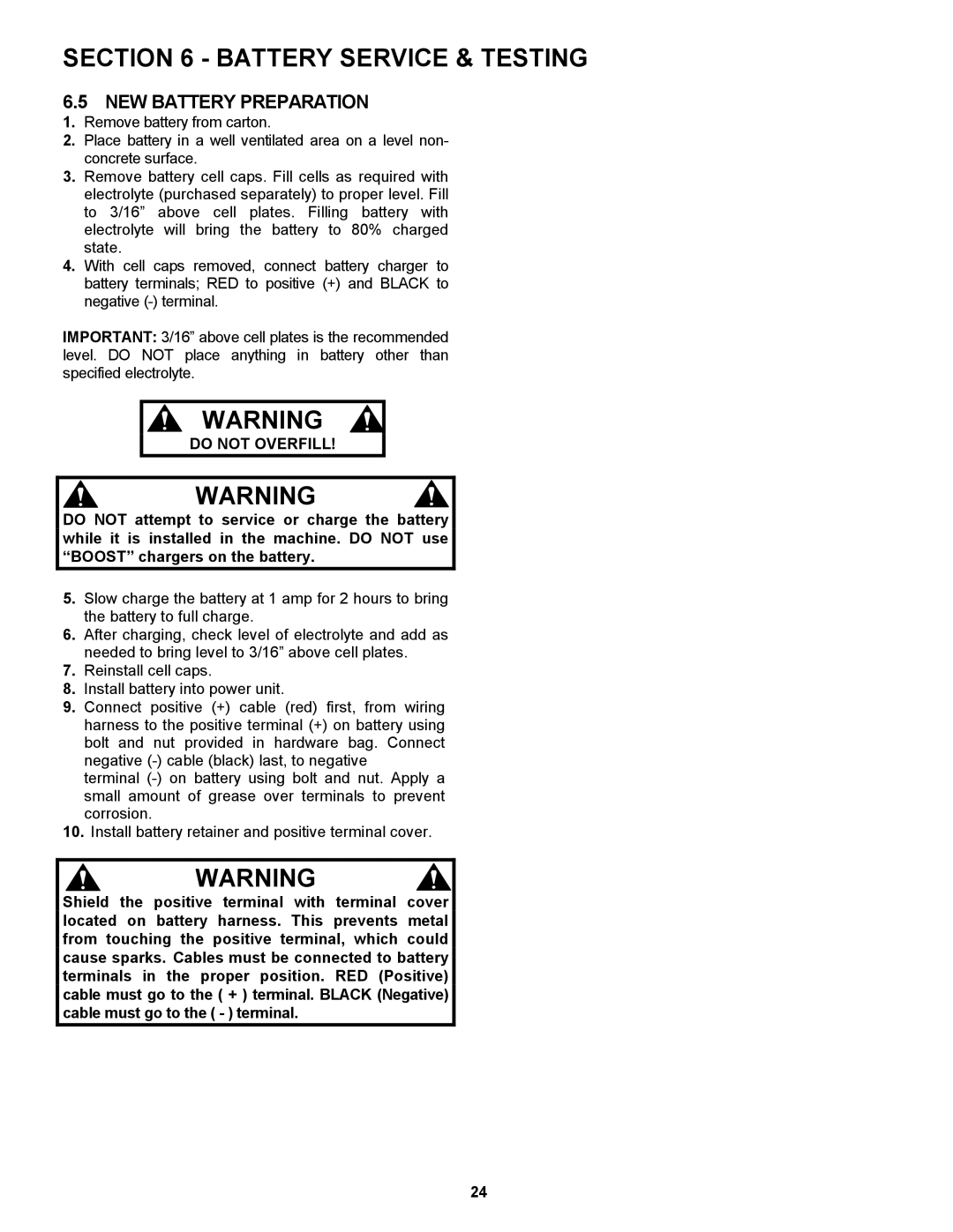 Snapper SPLH151KW, SP400, SP300, SPLH221KWE, SPLH171KW, SPLH141KWE NEW Battery Preparation, Do not Overfill 