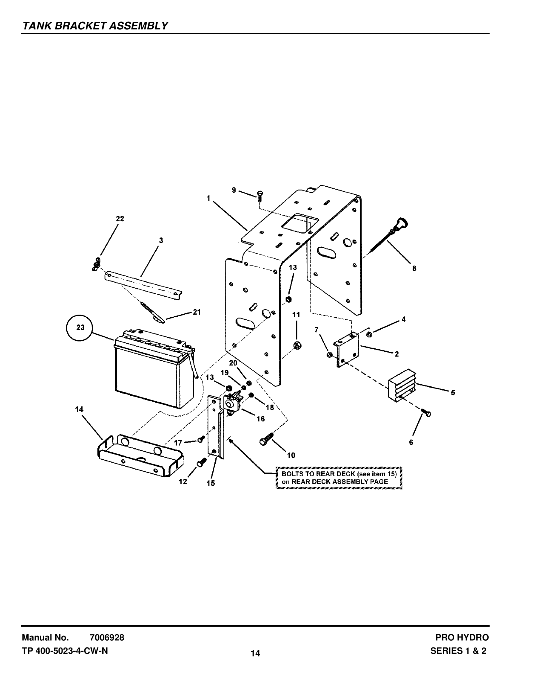 Snapper SPLH152KW SPA361, SPA521, SPA611, SPLH171KW SPA480, SPLH231KHE SPA520, SPLH141KWE SP520 manual Tank Bracket Assembly 