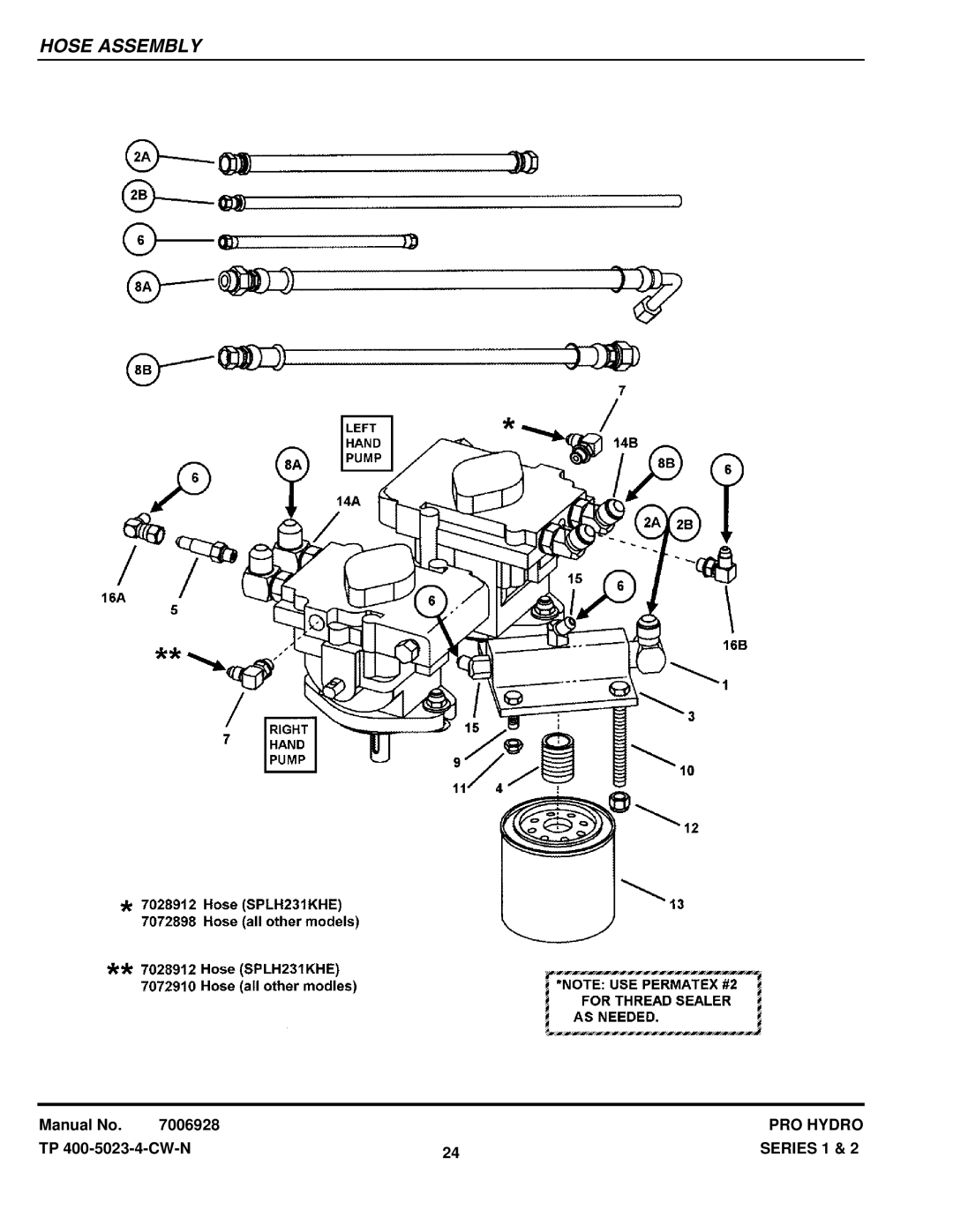 Snapper SPLH171KW SPA480, SPA521, SPA611, SPLH152KW SPA361, SPLH231KHE SPA520, SPLH141KWE SP520, SPLH141KH manual Hose Assembly 