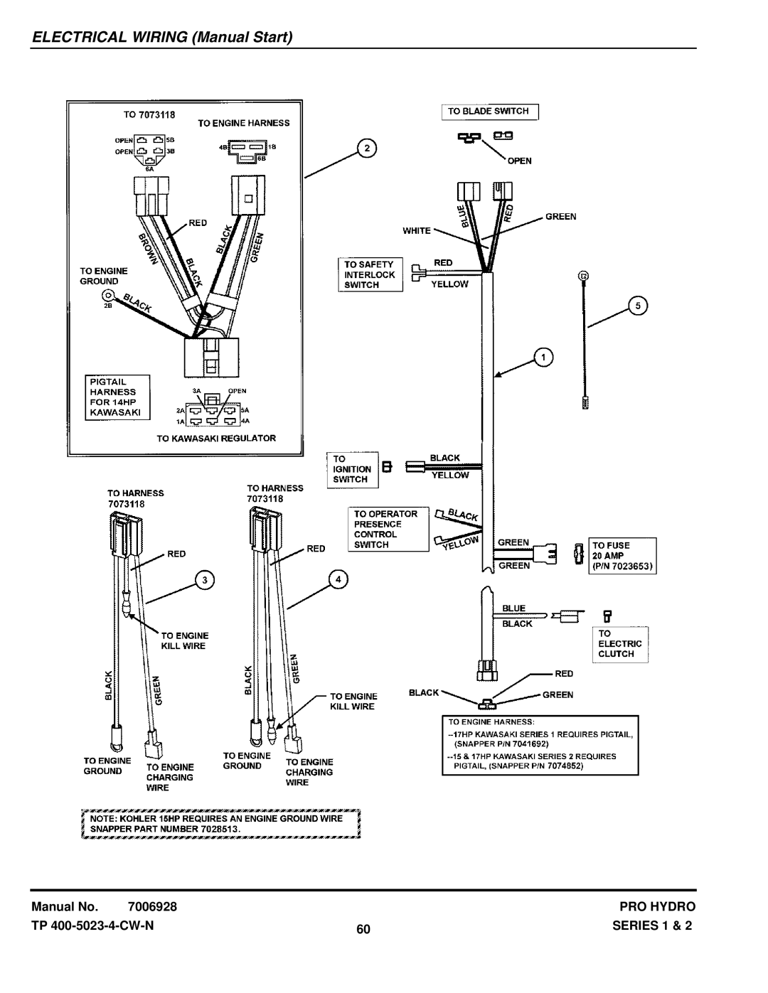 Snapper SPLH141KWE SP520, SPA521, SPA611, SPLH171KW SPA480, SPLH152KW SPA361, SPLH231KHE SPA520 Electrical Wiring Manual Start 