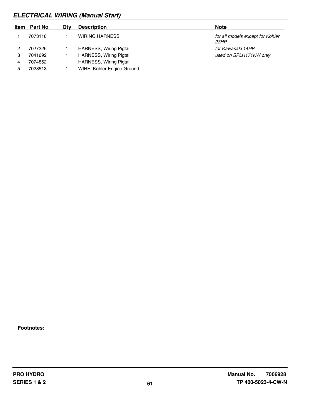 Snapper SPLH141KH, SPA521, SPA611 manual For all models except for Kohler, 23HP, For Kawasaki 14HP, Used on SPLH171KW only 