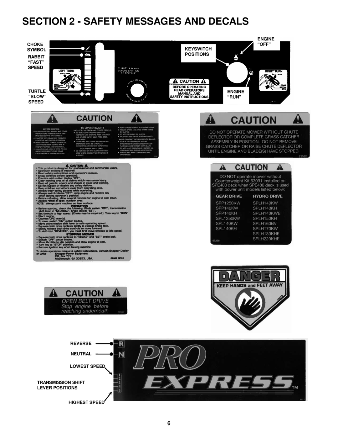 Snapper SPE1250KW, SPE140KW, SPE150KH, SPE360, SPE480 important safety instructions Safety Messages and Decals 