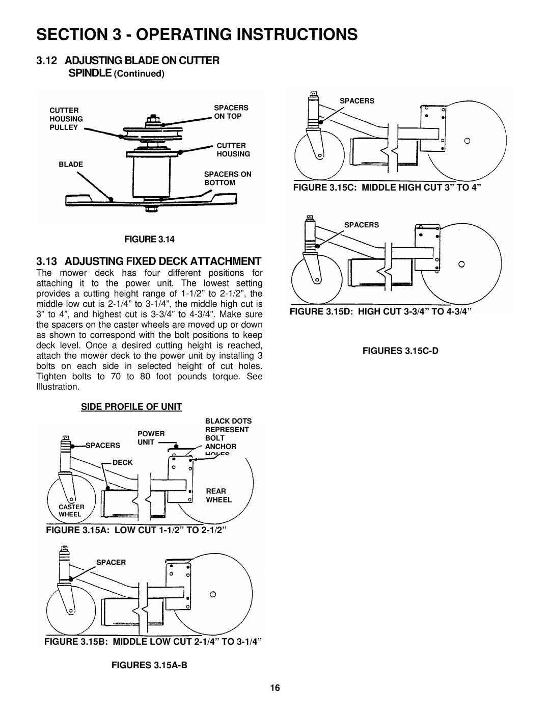 Snapper SPE131KW, SPE151KW, SPE361, SPE381 Adjusting Fixed Deck Attachment, Side Profile of Unit 