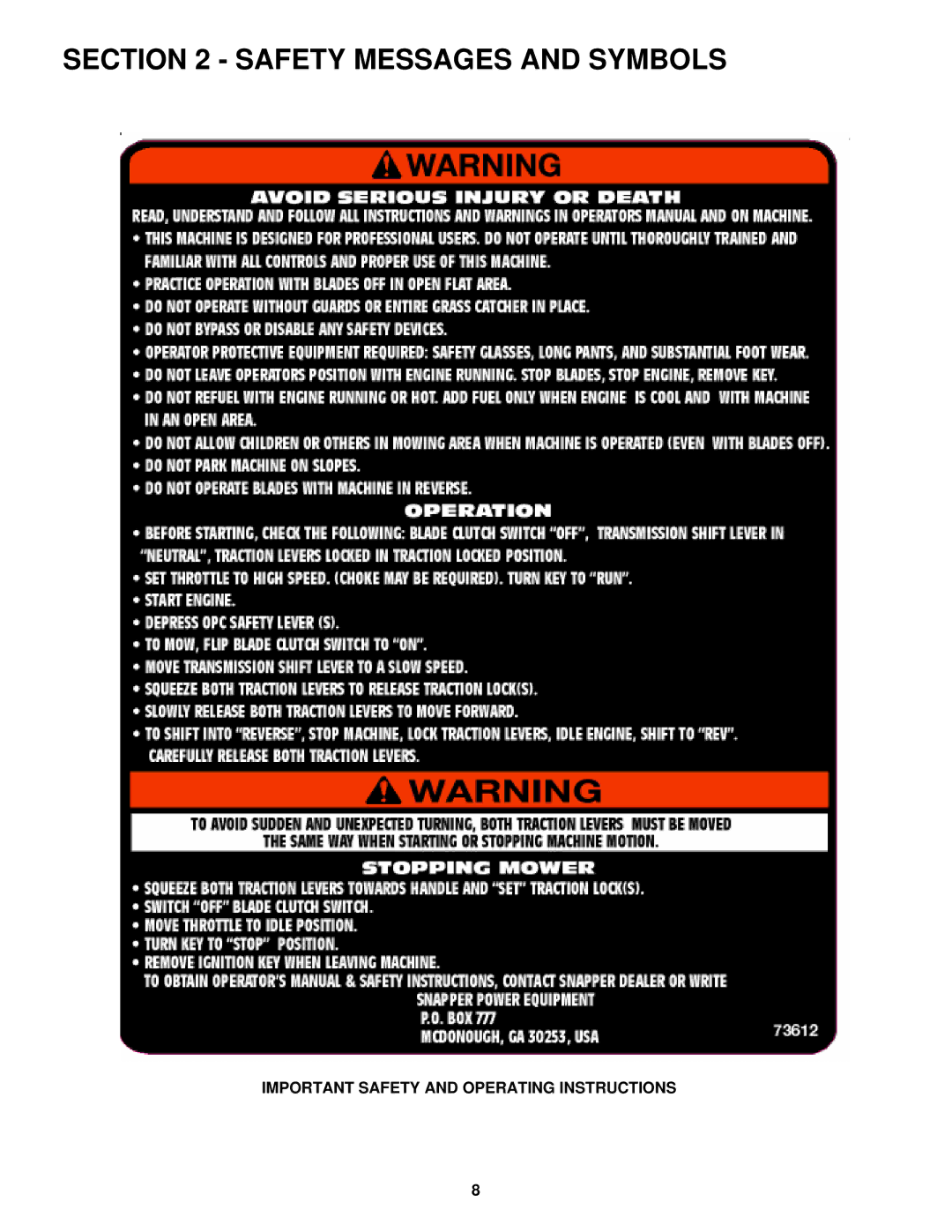 Snapper SPE131KW, SPE151KW, SPE361, SPE381 important safety instructions Important Safety and Operating Instructions 