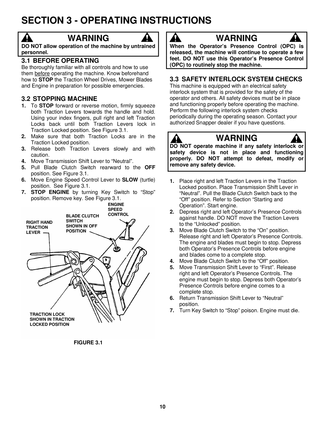 Snapper SPE131KW, SPE361, SPE481 important safety instructions Operating Instructions, Before Operating, Stopping Machine 