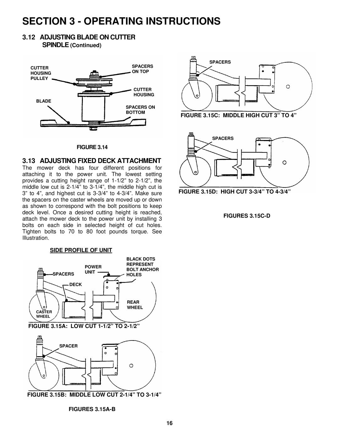 Snapper SPE131KW, SPE361, SPE481 important safety instructions Adjusting Fixed Deck Attachment, Side Profile of Unit 