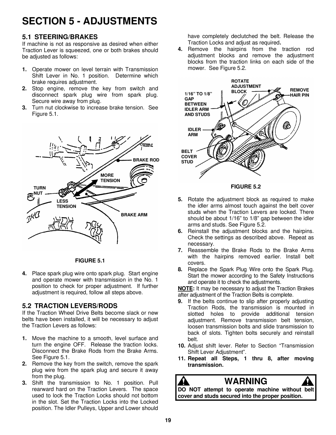 Snapper SPE131KW, SPE361, SPE481 important safety instructions Adjustments, Steering/Brakes, Traction LEVERS/RODS 