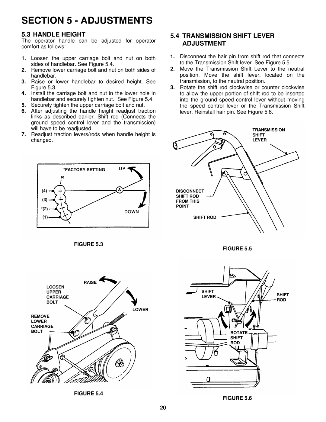 Snapper SPE131KW, SPE361, SPE481 important safety instructions Handle Height, Transmission Shift Lever Adjustment 