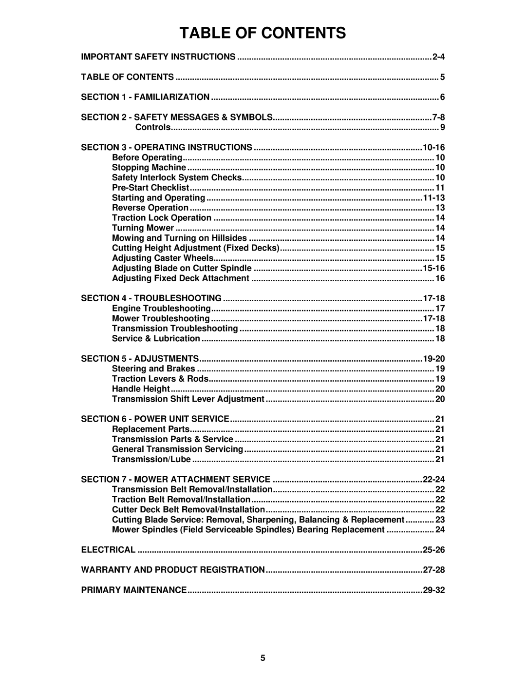 Snapper SPE131KW, SPE361, SPE481 important safety instructions Table of Contents 