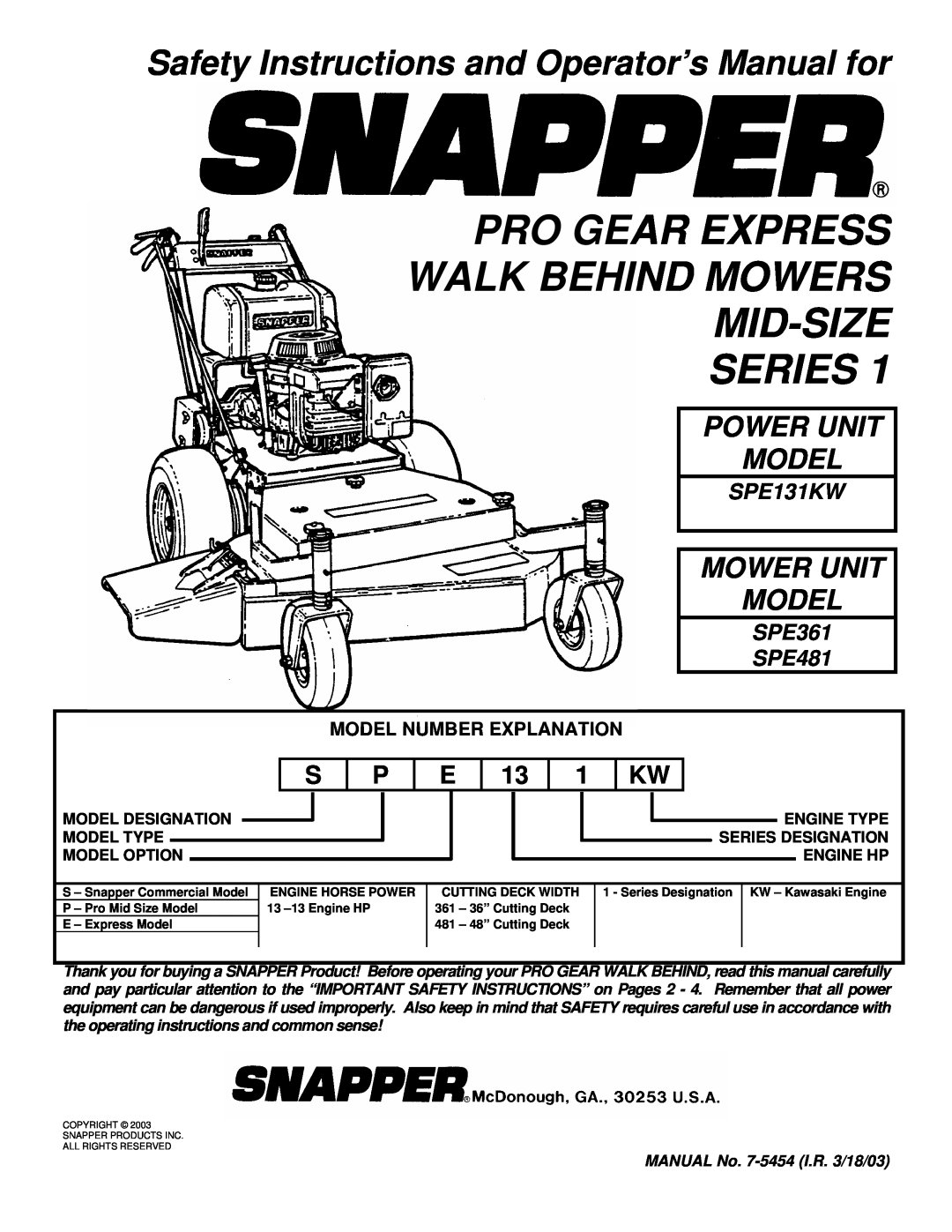 Snapper SPE131KW, SPE361, SPE481 important safety instructions Pro Gear Express Walk Behind Mowers Mid-Size Series 