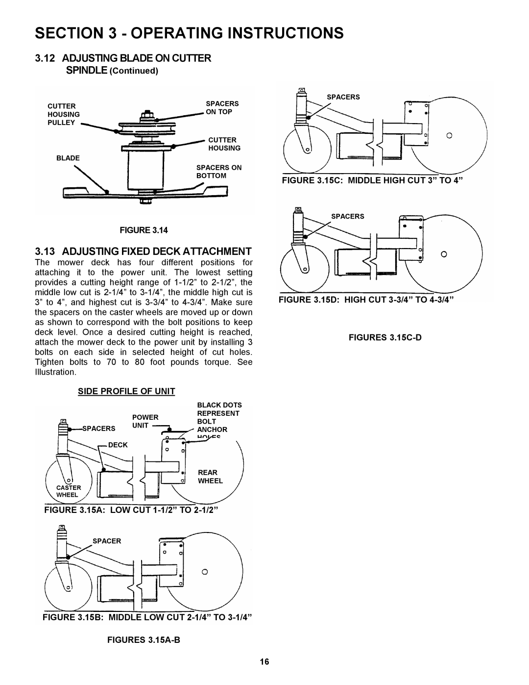 Snapper SPE132KW, SPE152KW, SPE361, SPE481 Adjusting Fixed Deck Attachment, Side Profile of Unit 