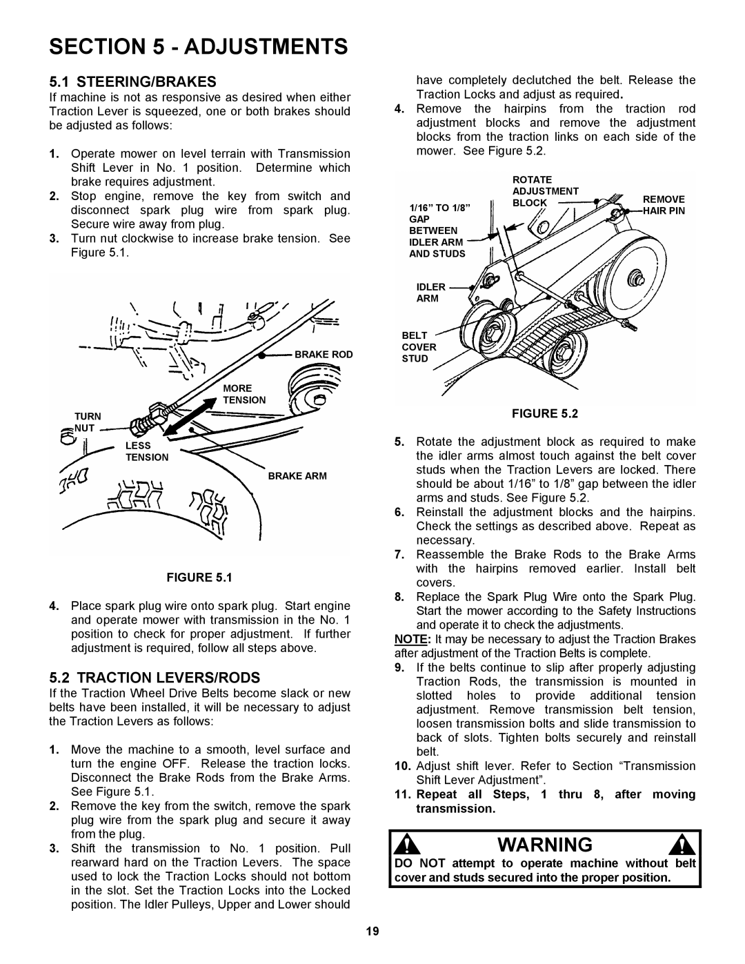 Snapper SPE152KW, SPE132KW, SPE361, SPE481 important safety instructions Adjustments, Steering/Brakes, Traction LEVERS/RODS 