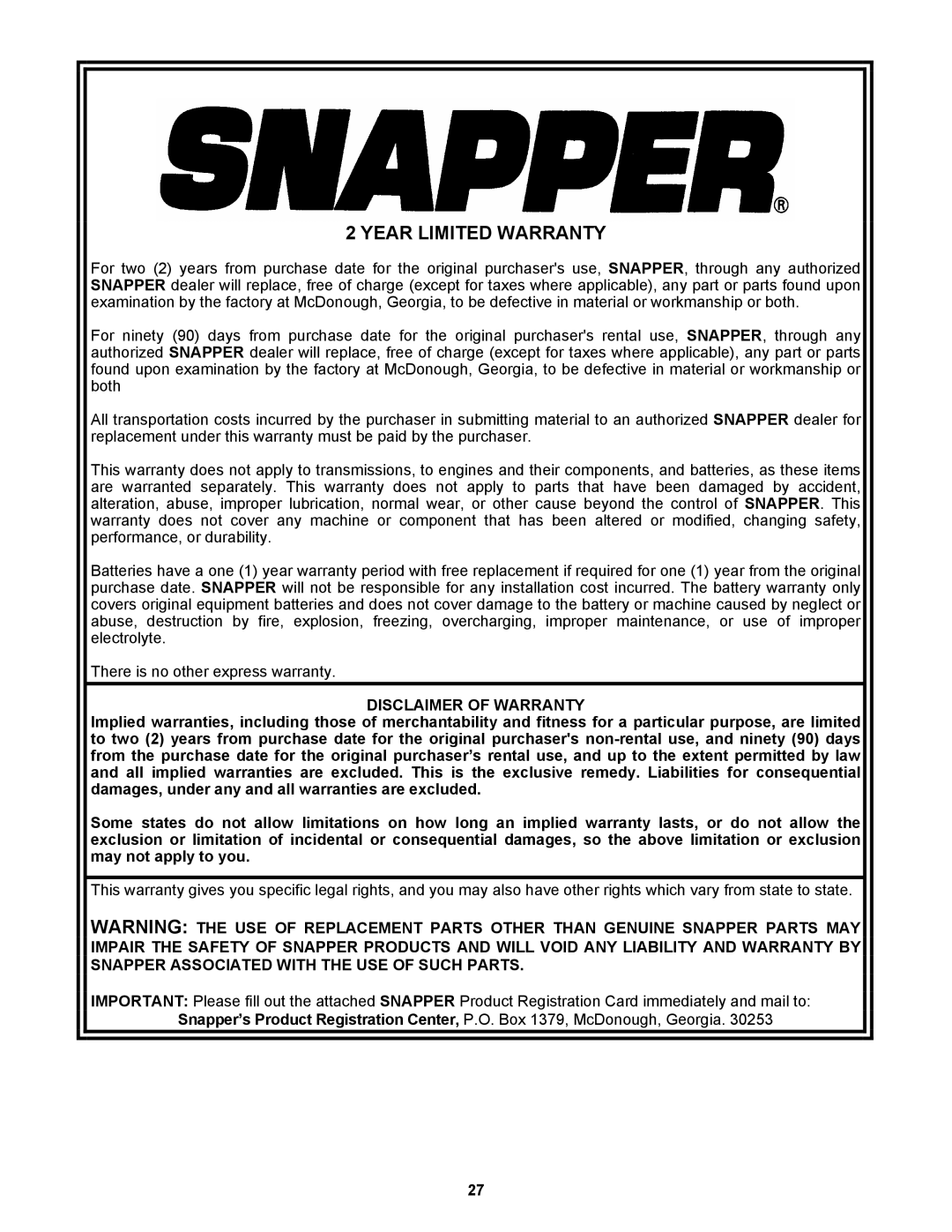 Snapper SPE152KW, SPE132KW, SPE361, SPE481 important safety instructions Year Limited Warranty, Disclaimer of Warranty 